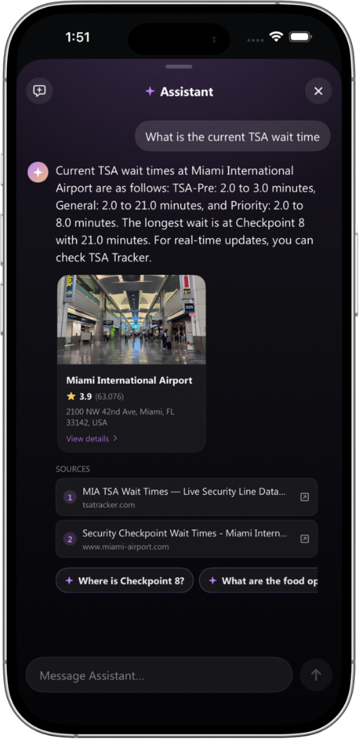 RouteMe Agent showing live TSA wait times