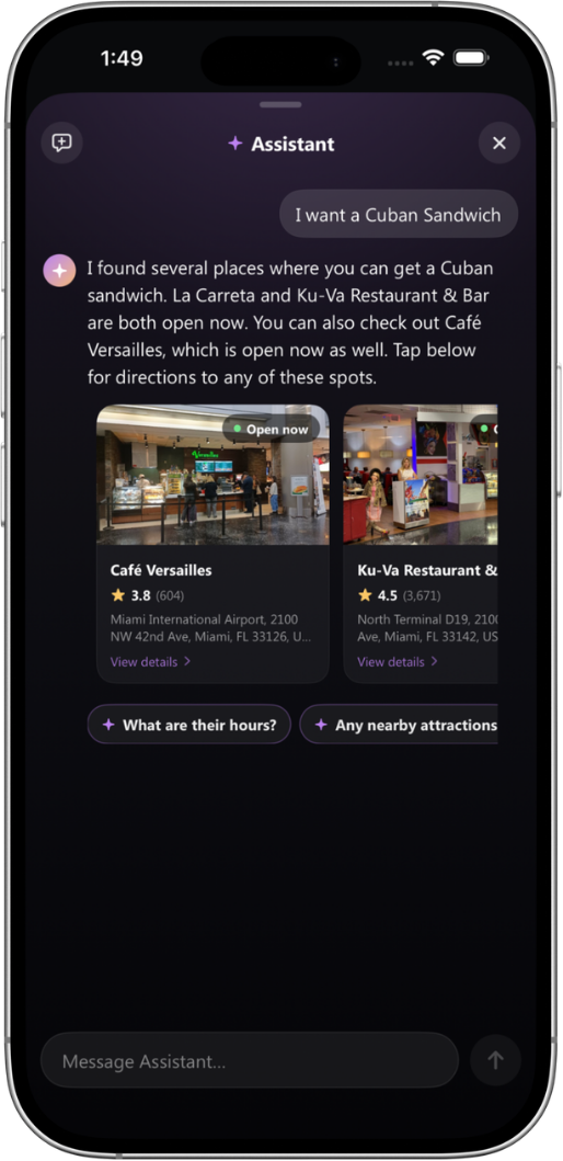 RouteMe Agent showing rental car options at MIA