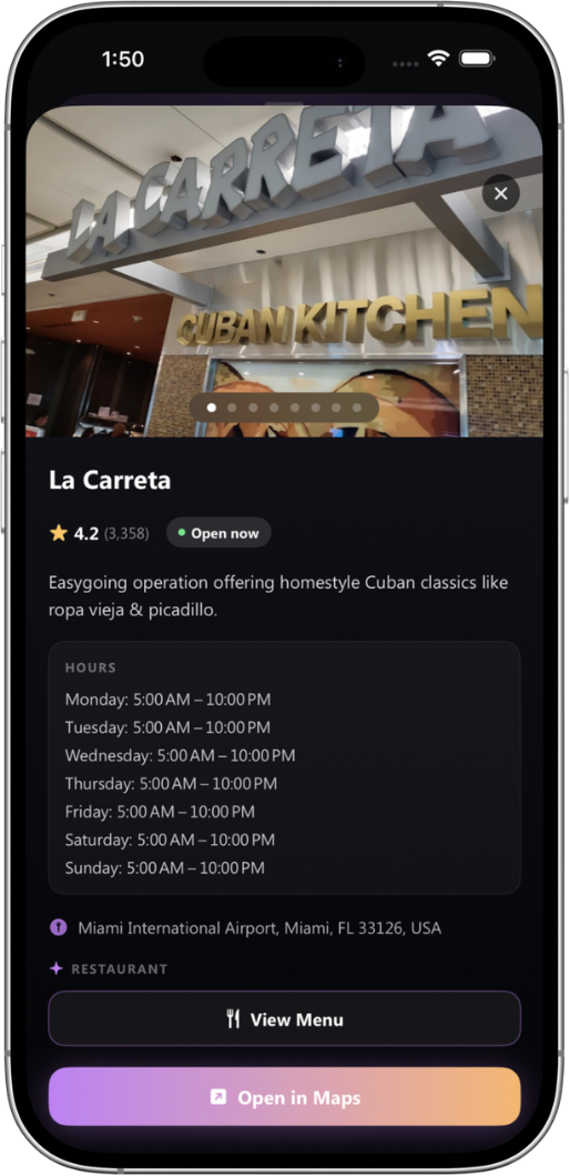 RouteMe Agent showing La Carreta restaurant details with menu and navigation actions