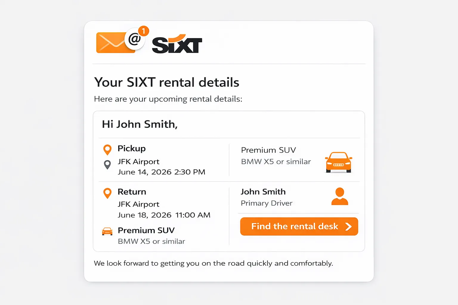 RouteMe directions inside a Sixt confirmation email